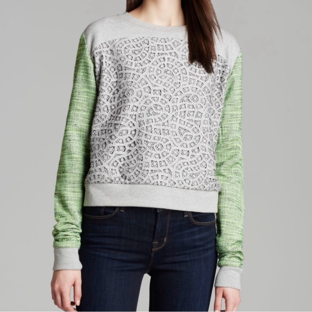 Rebecca Minkoff McCall Sweatshirt Mixed Media Lace Front Tweed Sleeves
